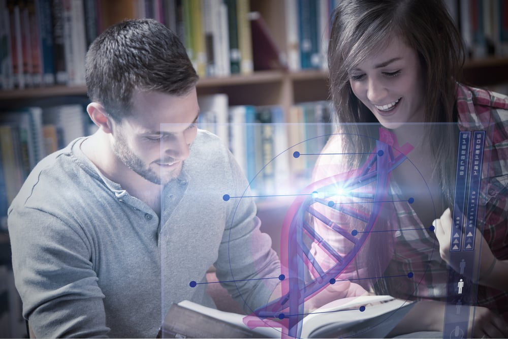 Illustration of dna against students reading a book