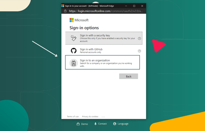 Wanneer gekozen wordt voor Sign-in options kan de gebruiker inloggen op een specifieke organisatie. Dit kan nodig zijn bij het inloggen via One Time Password (OTP).